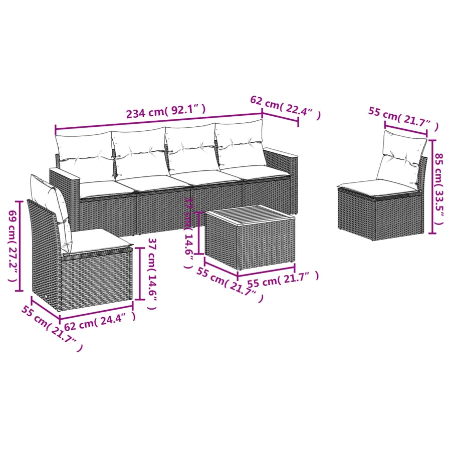 Salon de jardin avec coussins 7 pcs beige résine tressée - 7