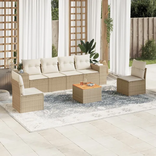 Salon de jardin avec coussins 7 pcs beige résine tressée