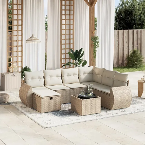 Salon de jardin avec coussins 8 pcs beige résine tressée