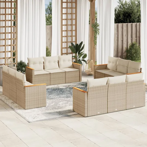Salon de jardin avec coussins 12 pcs beige résine tressée