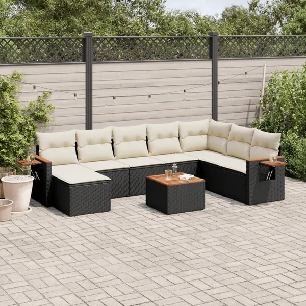 Salon de jardin 9 pcs avec coussins noir résine tressée