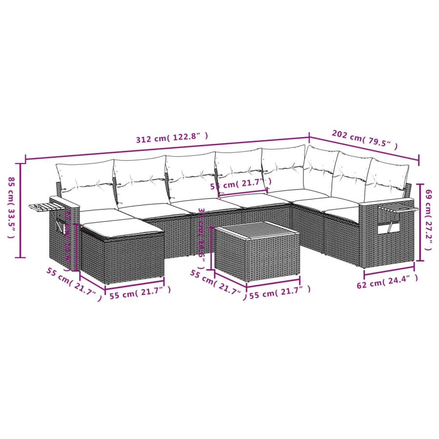 Salon de jardin 9 pcs avec coussins noir résine tressée - 10