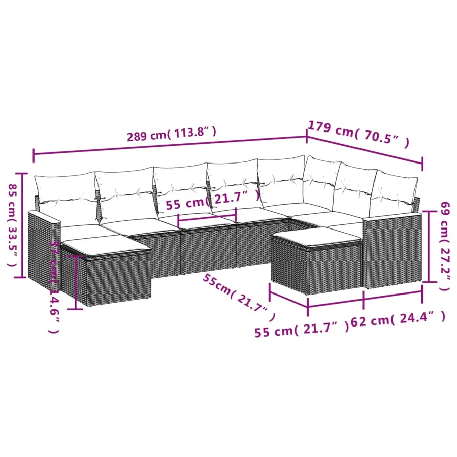 Salon de jardin 9 pcs avec coussins noir résine tressée - 8