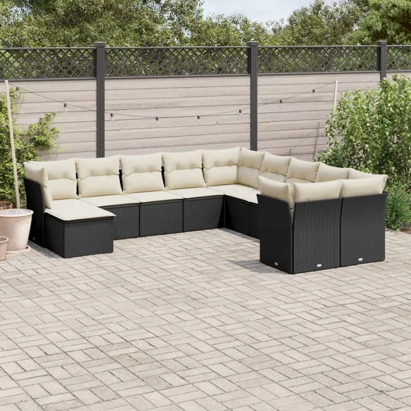 Salon de jardin 11 pcs avec coussins noir résine tressée