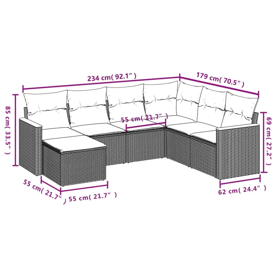Salon de jardin 7 pcs avec coussins noir résine tressée 62 x 62 x 69 cm - 55,2 kg - 8