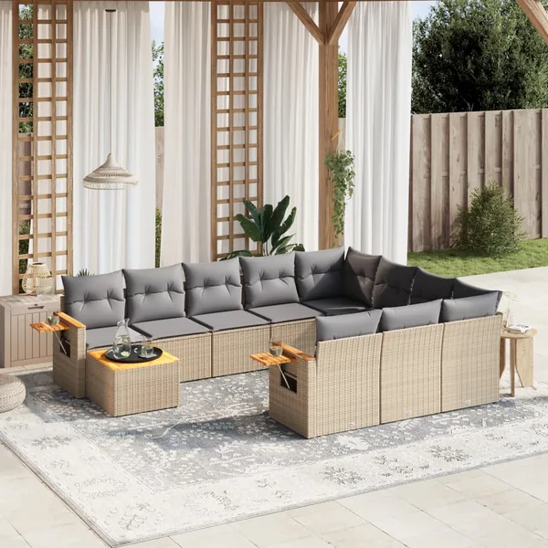 Salon de jardin 11 pcs avec coussins beige résine tressée