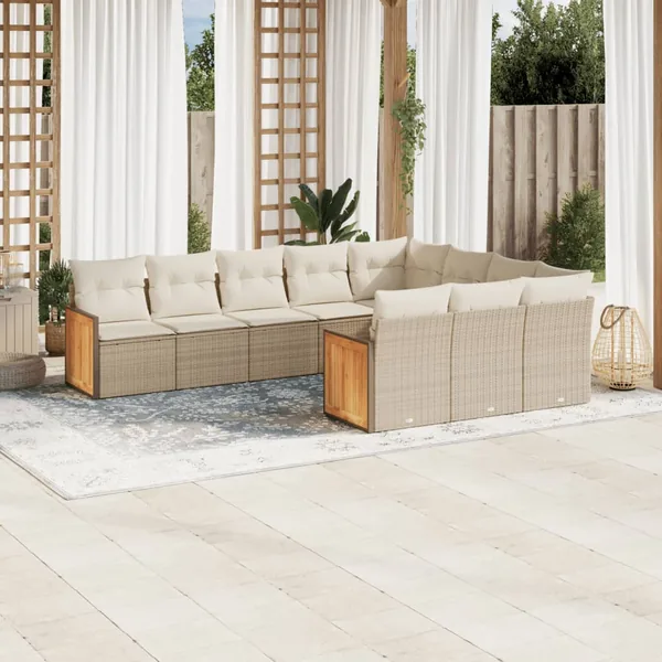 Salon de jardin avec coussins 10 pcs beige résine tressée