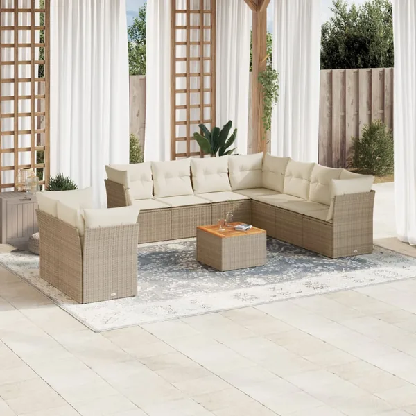 Salon de jardin avec coussins 10 pcs beige résine tressée