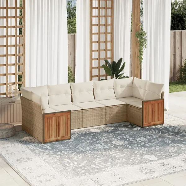 Salon de jardin avec coussins 7 pcs beige résine tressée