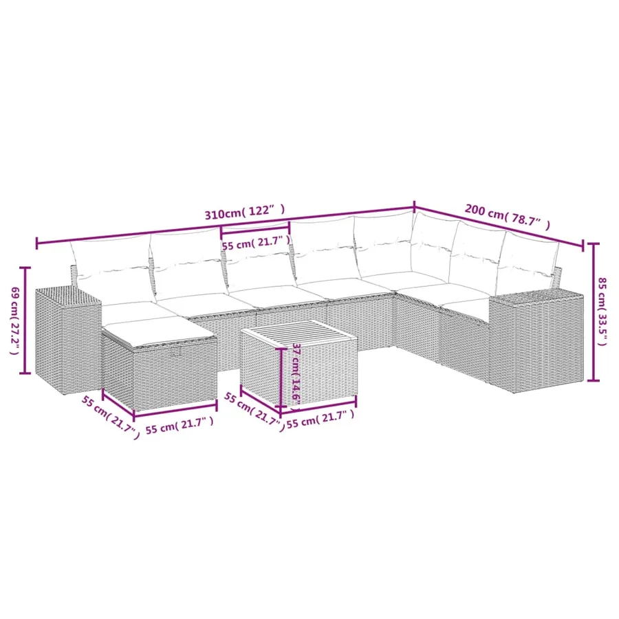 Salon de jardin avec coussins 9 pcs beige résine tressée - 4