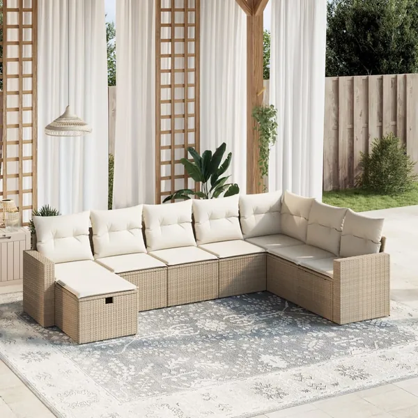 Salon de jardin avec coussins 8 pcs beige résine tressée