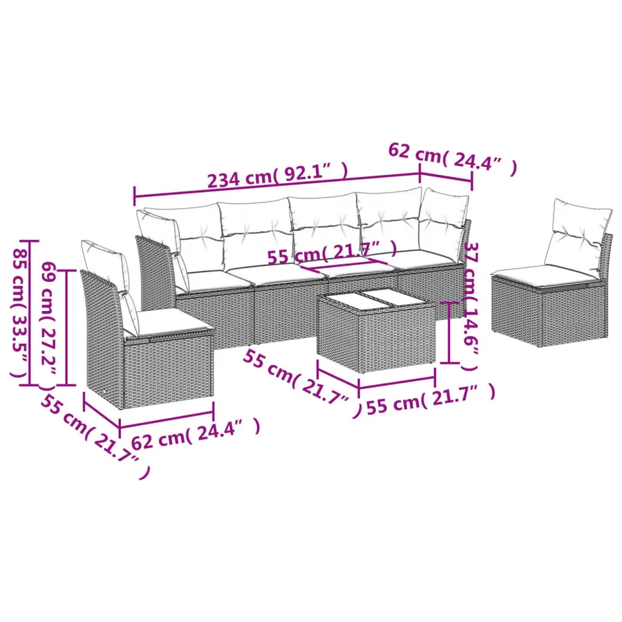 Salon de jardin 7 pcs avec coussins noir résine tressée 62 x 62 x 69 cm - 54,7 kg - 3
