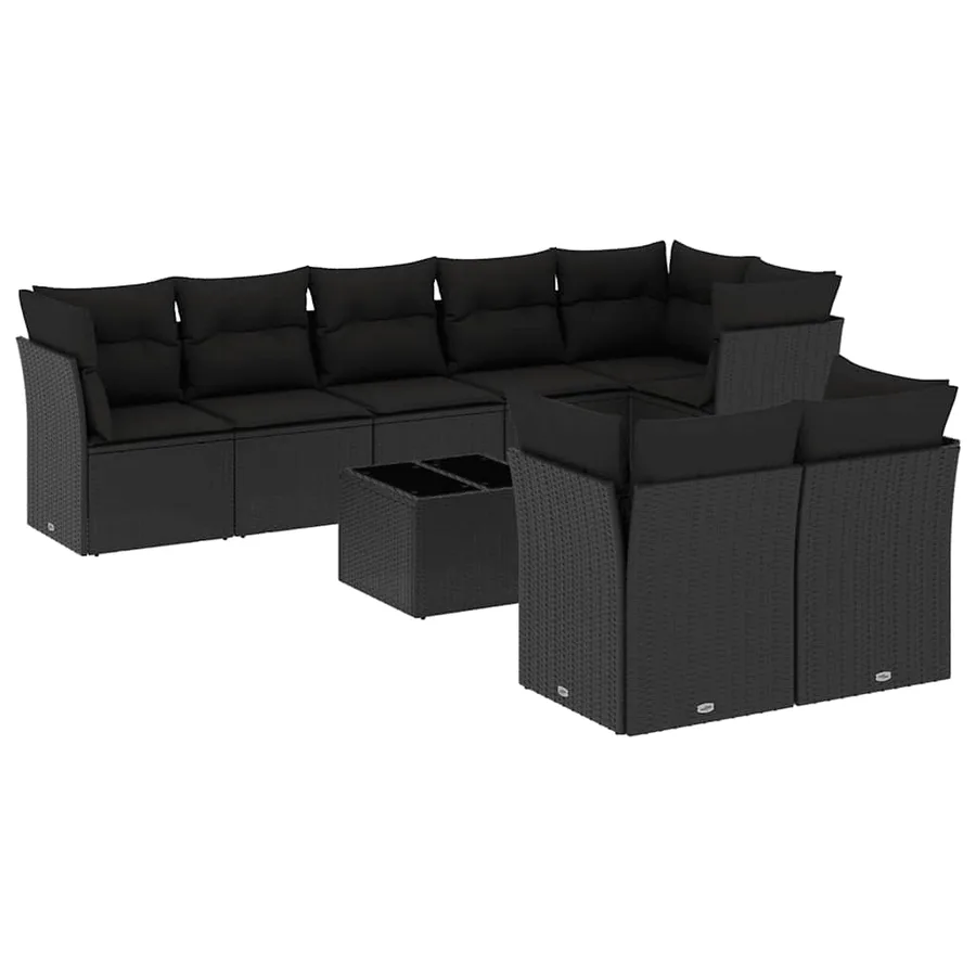 Salon de jardin 9 pcs avec coussins noir résine tressée - 2