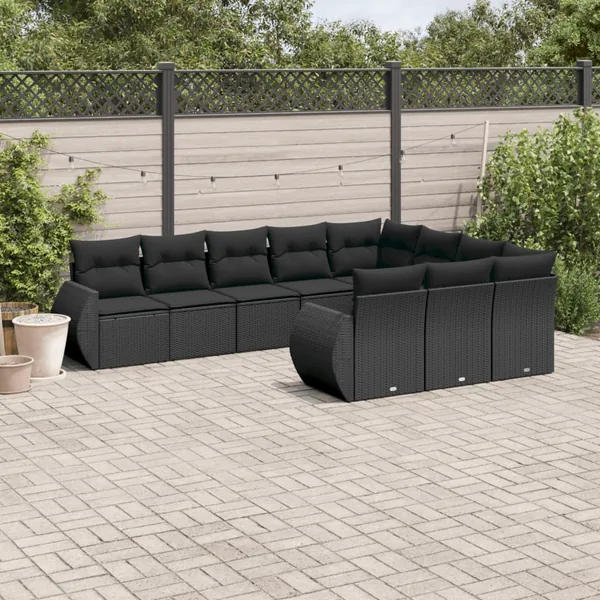 Salon de jardin 10 pcs avec coussins noir résine tressée