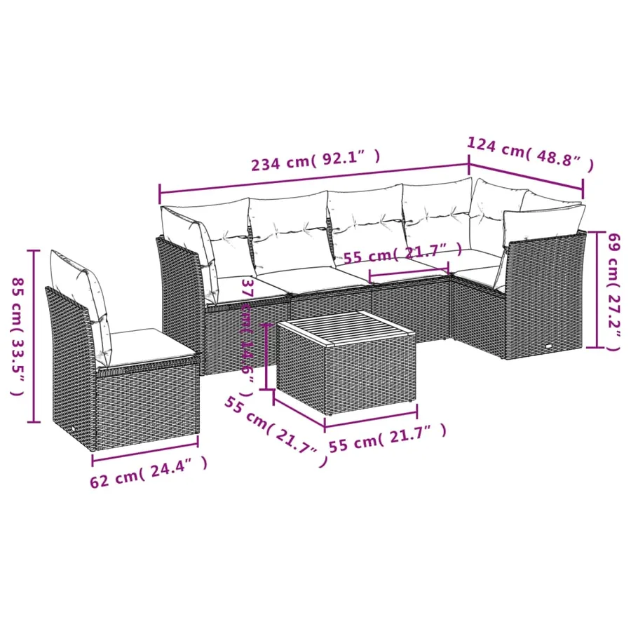 Salon de jardin 7 pcs avec coussins noir résine tressée 62 x 62 x 69 cm - 55,8 kg - 3