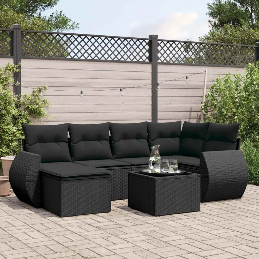 Salon de jardin 7 pcs avec coussins noir résine tressée 62 x 62 x 69 cm - 57,0 kg