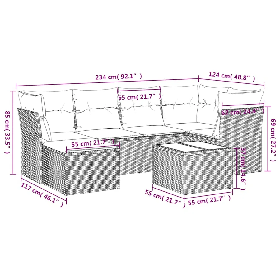 Salon de jardin 7 pcs avec coussins noir résine tressée 55 x 62 x 69 cm - 57,5 kg - 3