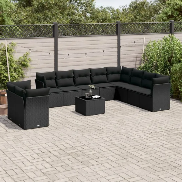 Salon de jardin 11 pcs avec coussins noir résine tressée
