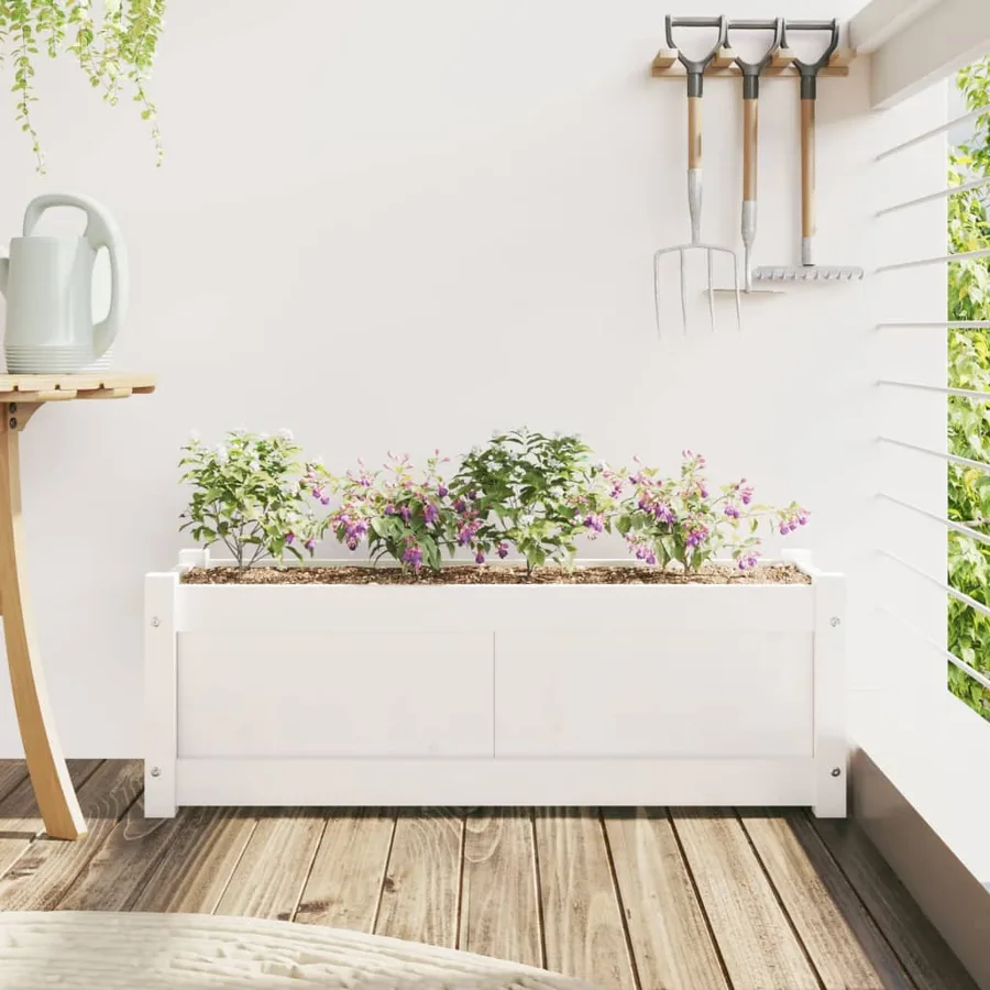 Jardinière blanc 90x31x31 cm bois massif de pin - 3