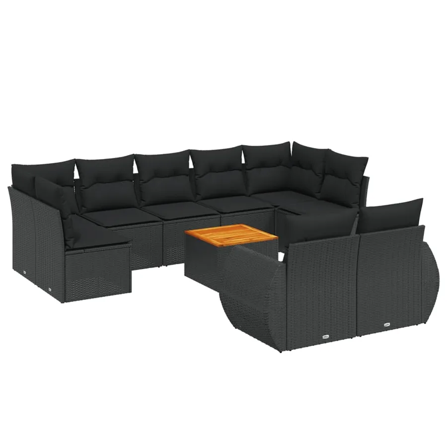 Salon de jardin 10 pcs avec coussins noir résine tressée - 2