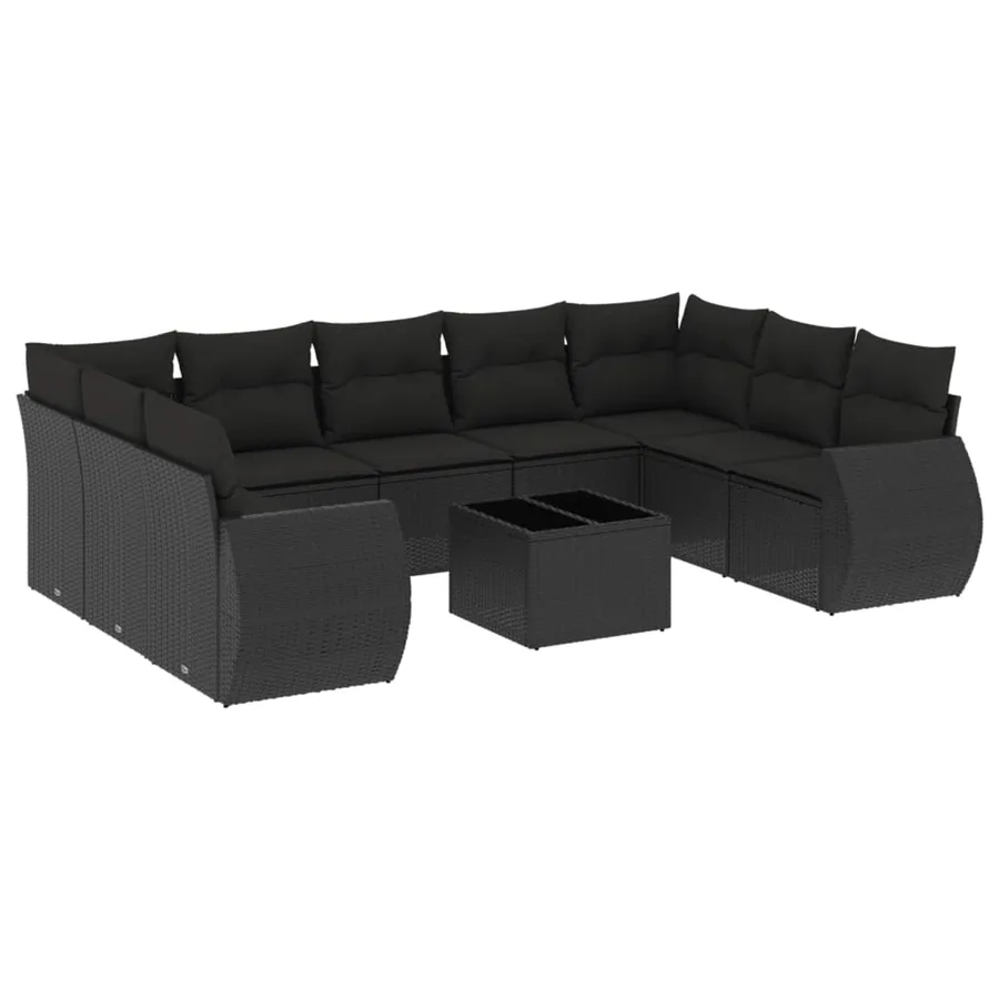Salon de jardin 10 pcs avec coussins noir résine tressée - 2