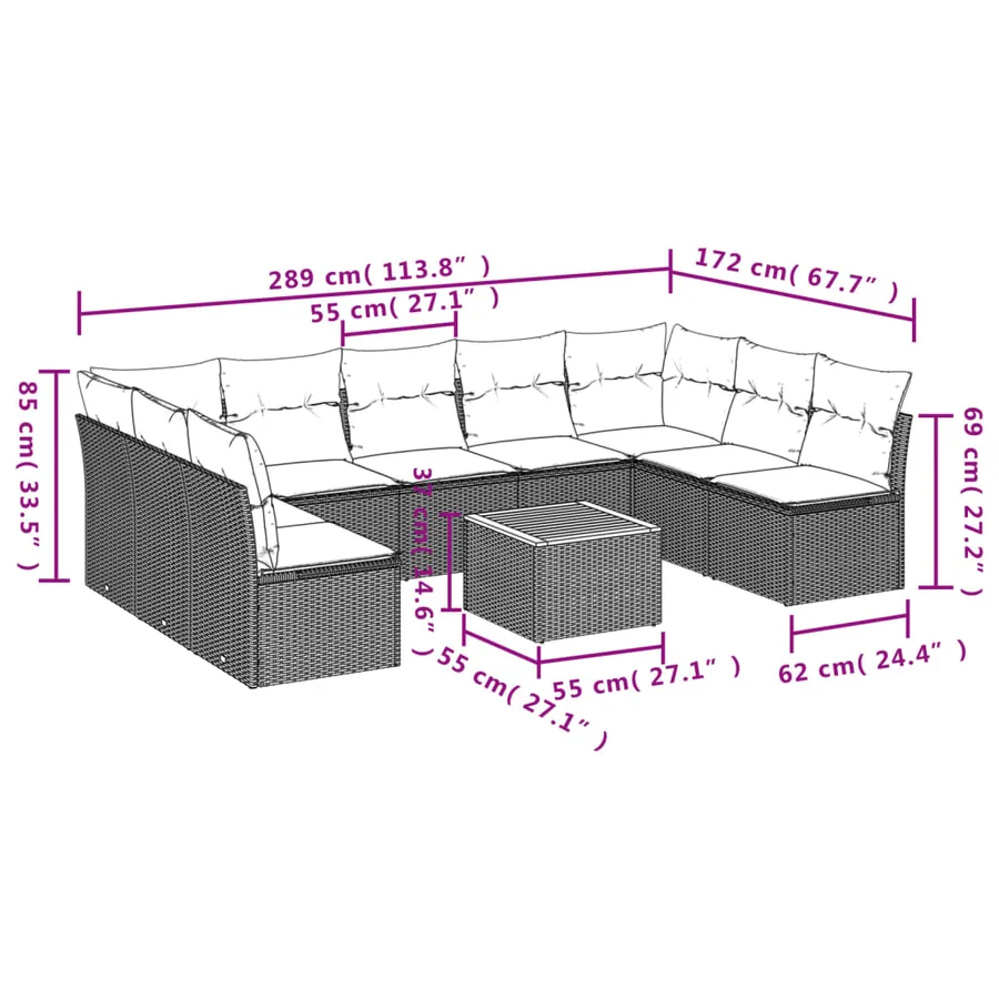 Salon de jardin 10 pcs avec coussins noir résine tressée - 3
