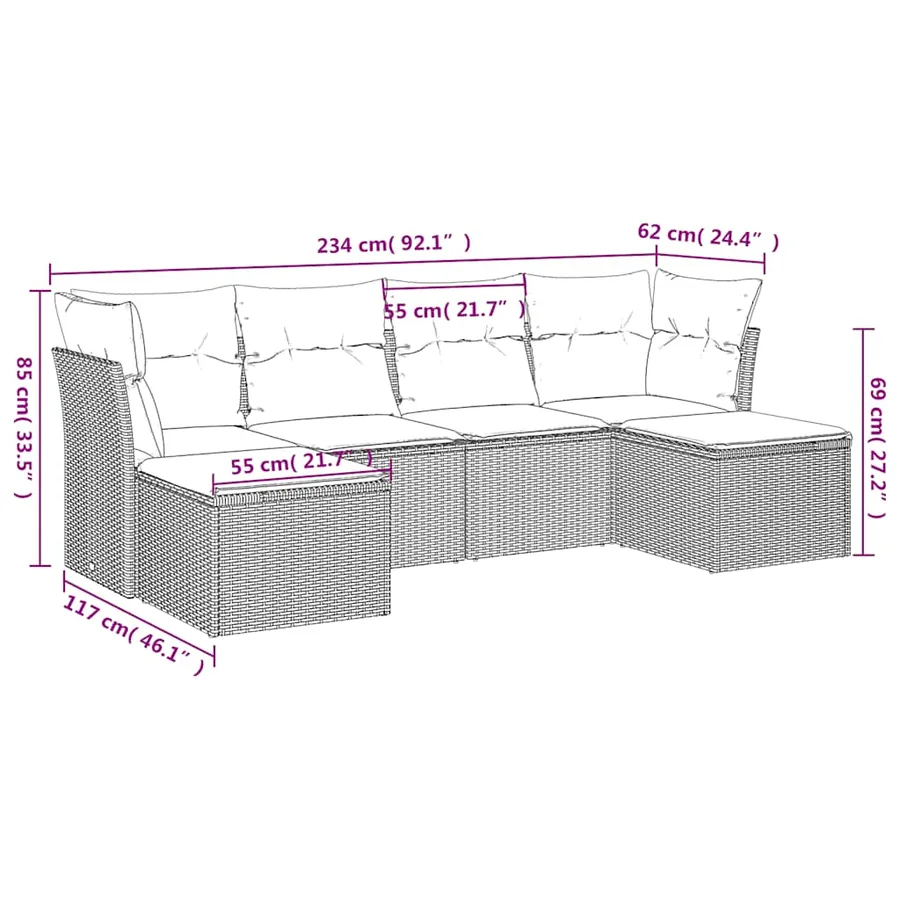 Salon de jardin 6 pcs avec coussins noir résine tressée - 3
