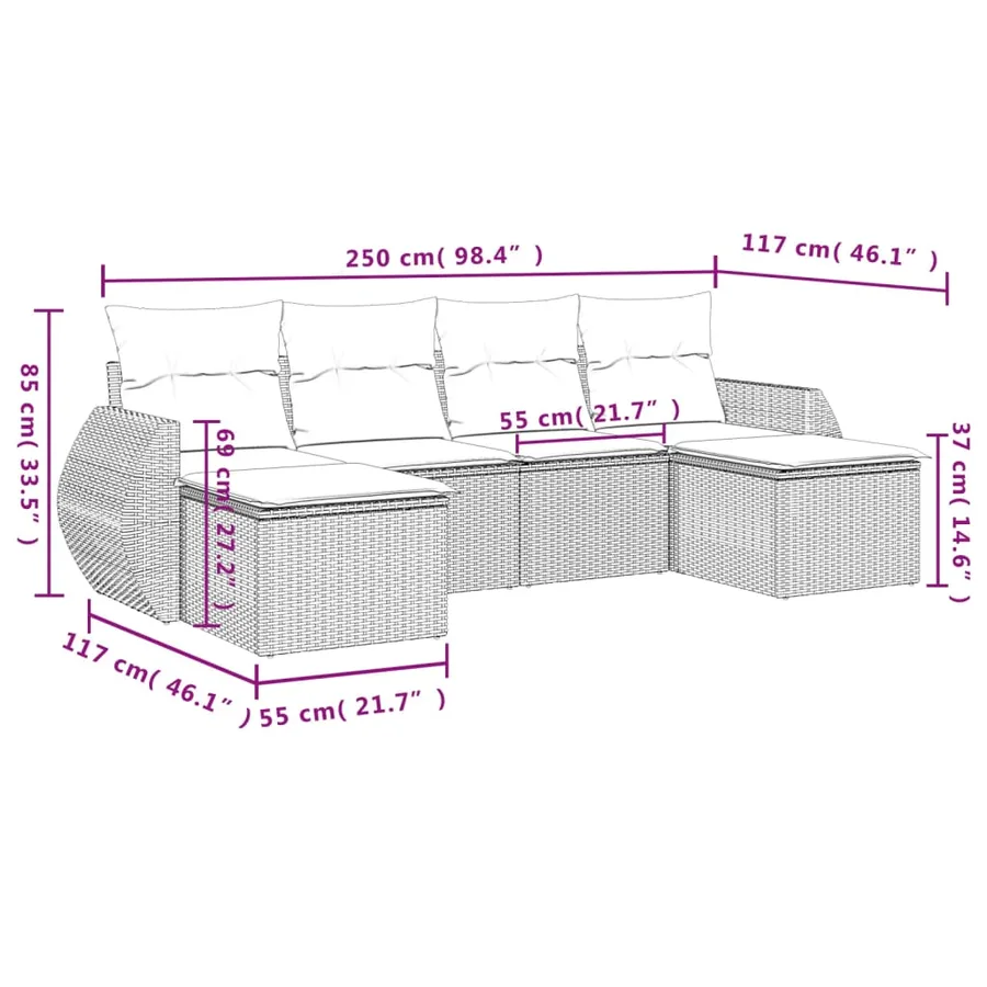 Salon de jardin 6 pcs avec coussins noir résine tressée - 7