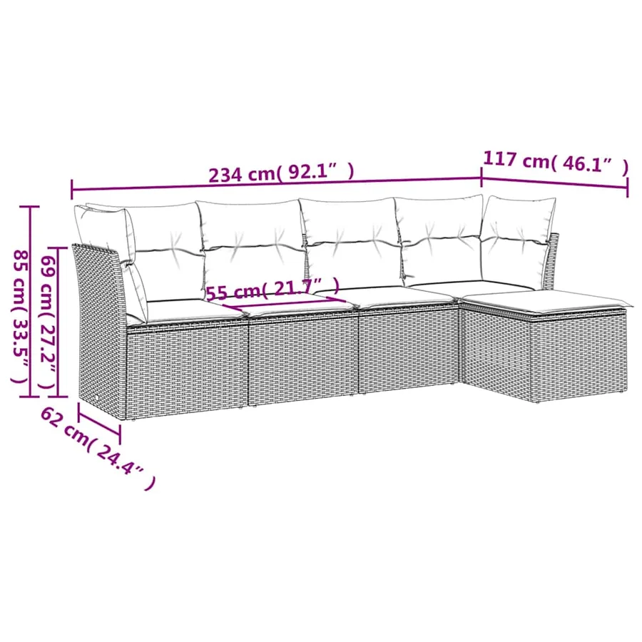 Salon de jardin 5 pcs avec coussins noir résine tressée - 3