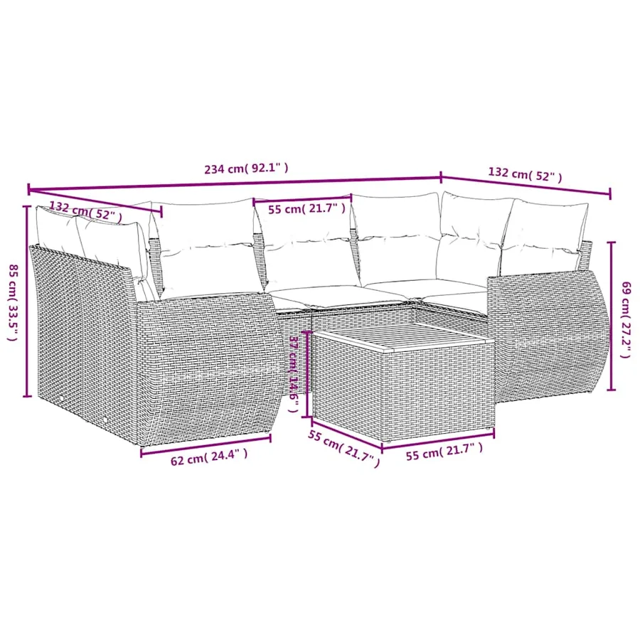 Salon de jardin 7 pcs avec coussins noir résine tressée 62 x 62 x 69 cm - 59,1 kg - 8