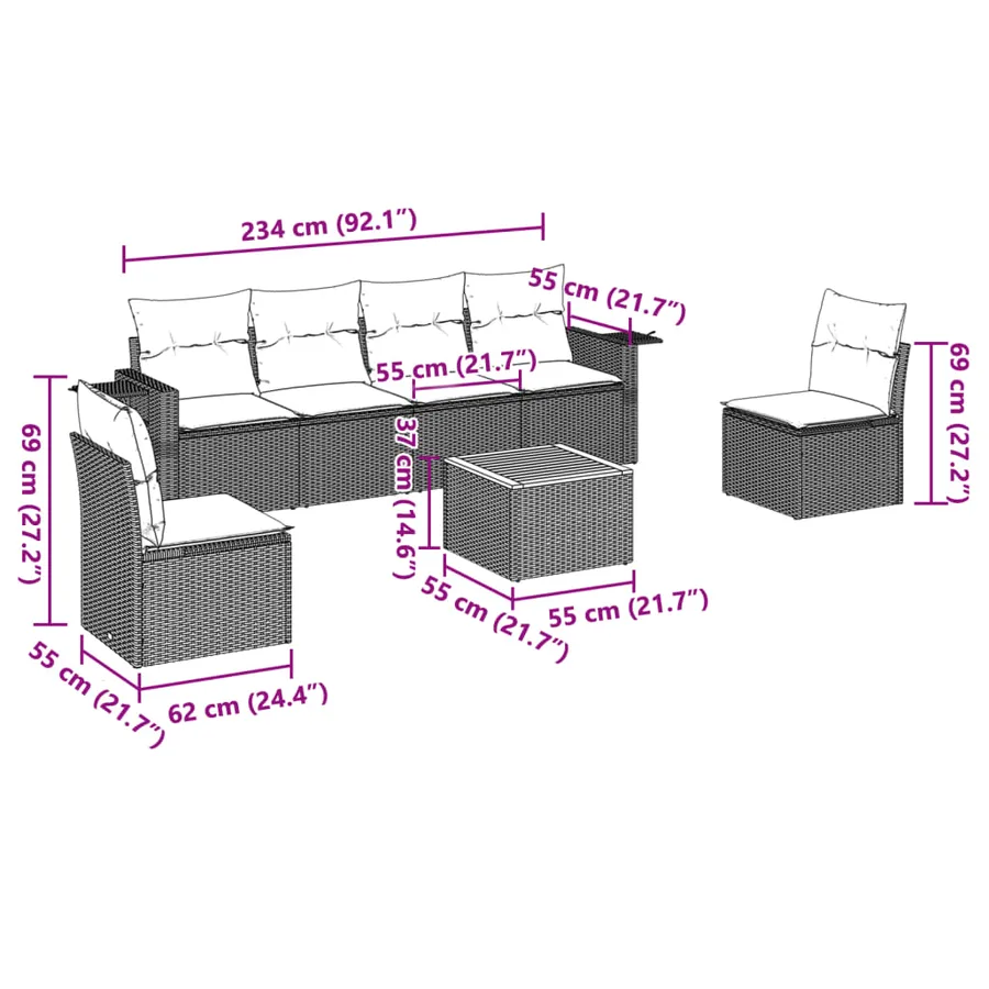 Salon de jardin 7 pcs avec coussins noir résine tressée 55 x 62 x 69 cm - 53,7 kg - 7