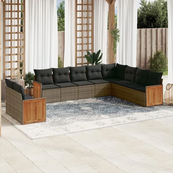Salon de jardin avec coussins 10 pcs gris résine tressée
