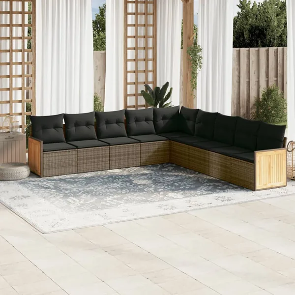 Salon de jardin 9 pcs avec coussins gris résine tressée