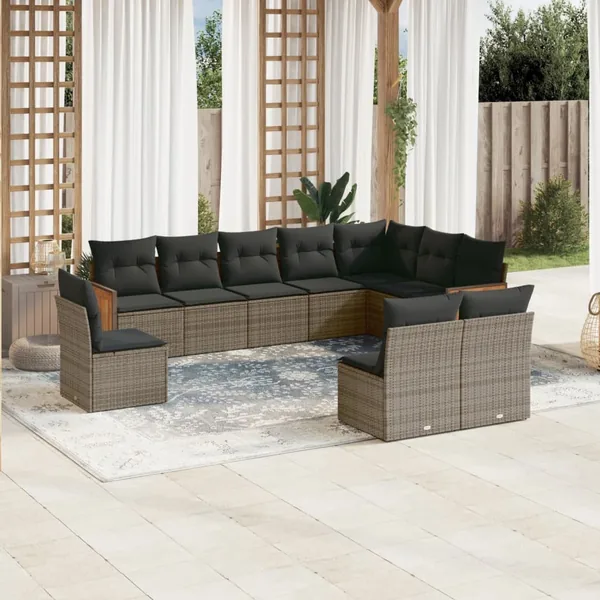 Salon de jardin avec coussins 10 pcs gris résine tressée