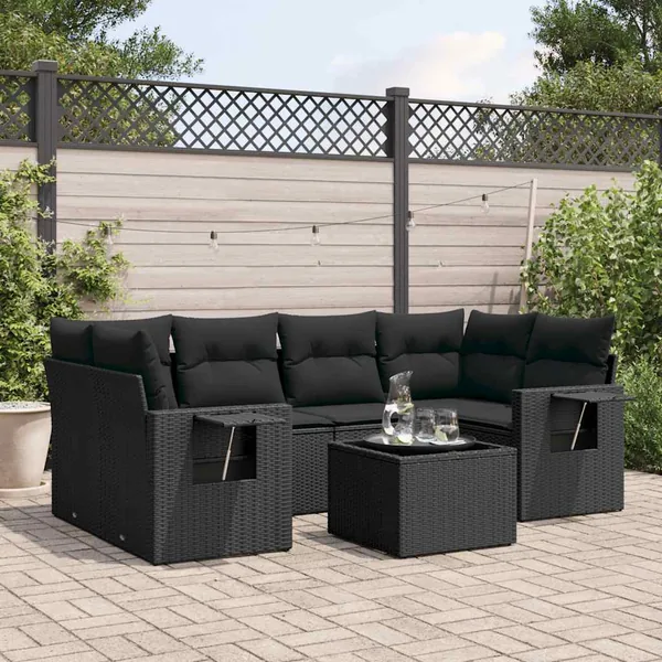 Salon de jardin 7 pcs avec coussins noir résine tressée 55 x 62 x 69 cm - 63,8 kg