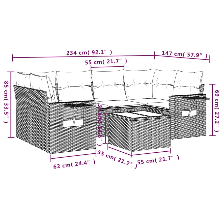 Salon de jardin 7 pcs avec coussins noir résine tressée 55 x 62 x 69 cm - 63,8 kg - 3