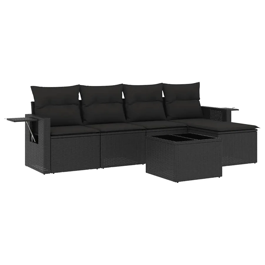 Salon de jardin 6 pcs avec coussins noir résine tressée - 2
