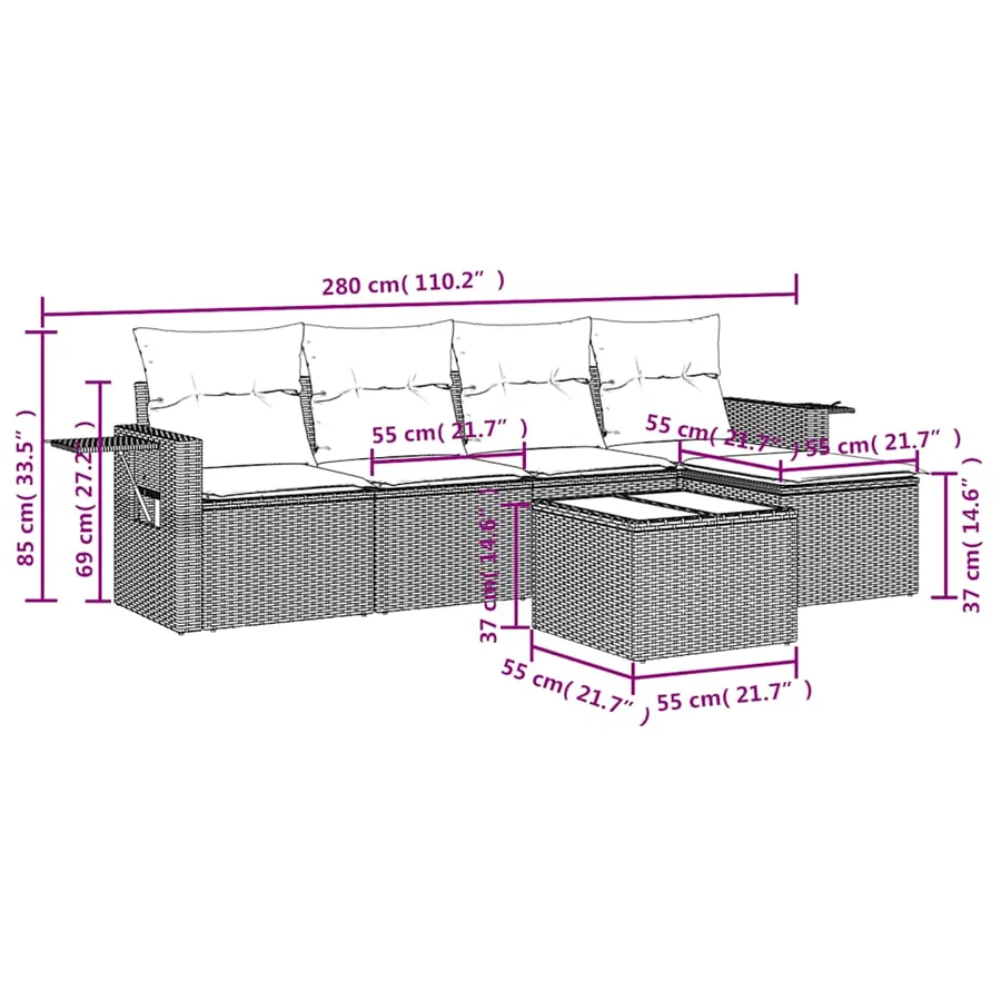 Salon de jardin 6 pcs avec coussins noir résine tressée - 3