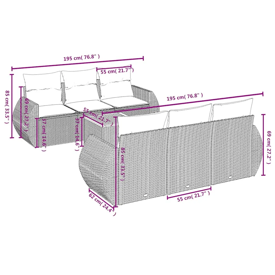 Salon de jardin 7 pcs avec coussins noir résine tressée 55 x 62 x 69 cm - 62,2 kg - 3