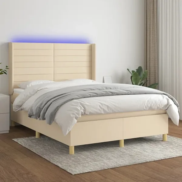 Sommier à lattes de lit matelas et LED Crème 140x190 cm Tissu