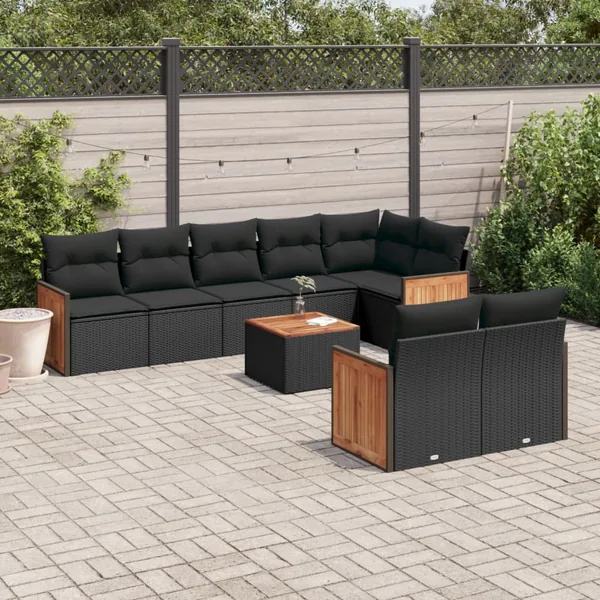 Salon de jardin 9 pcs avec coussins noir résine tressée
