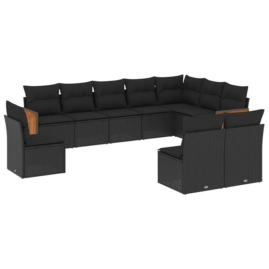 Salon de jardin 10 pcs avec coussins noir résine tressée - 2