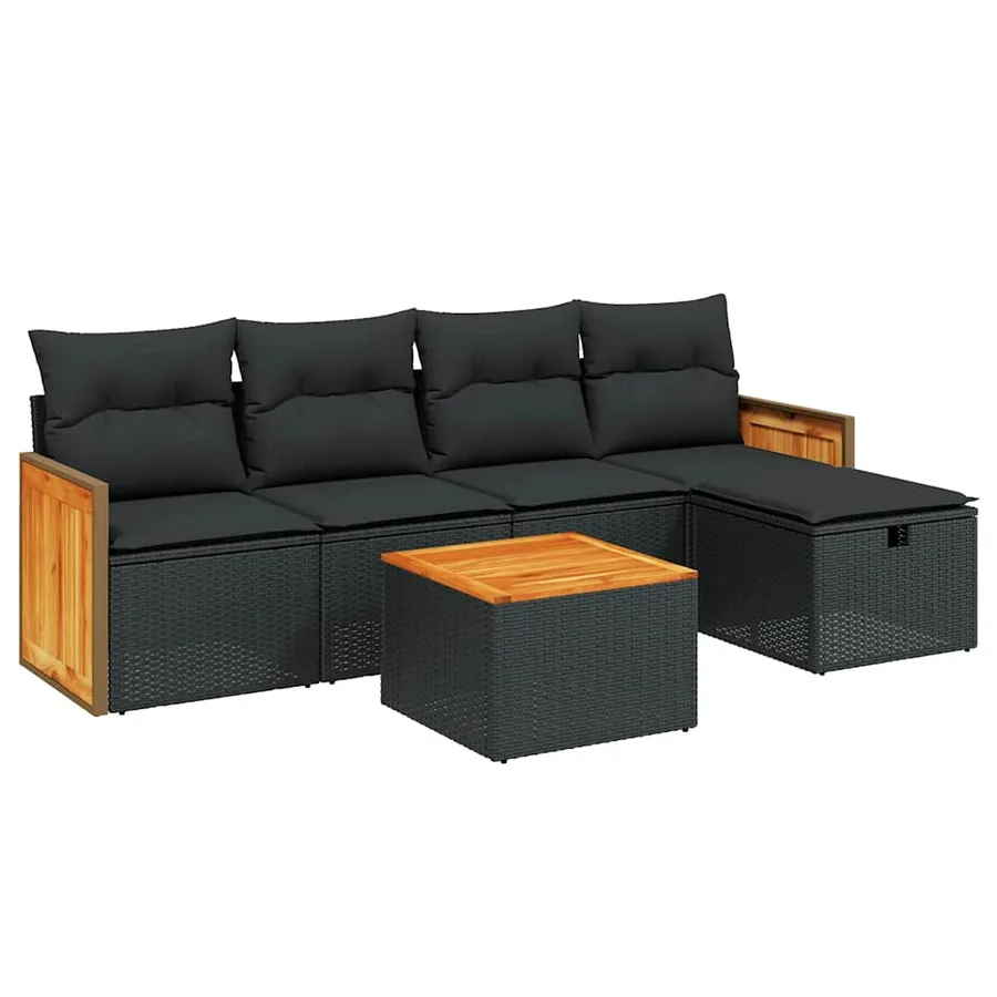 Salon de jardin 6 pcs avec coussins noir résine tressée - 2