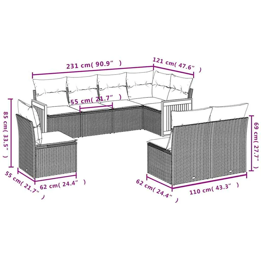 Salon de jardin 8 pcs avec coussins noir résine tressée - 7
