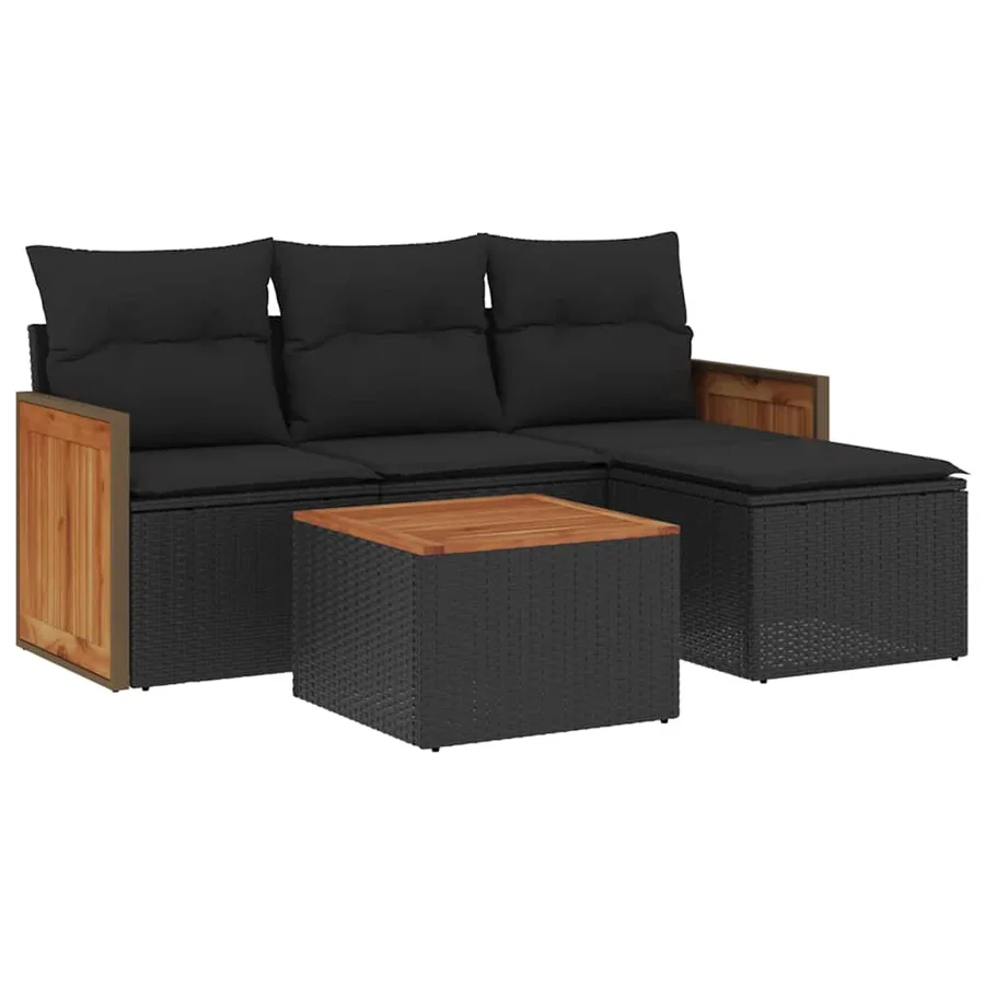 Salon de jardin 5 pcs avec coussins noir résine tressée - 2