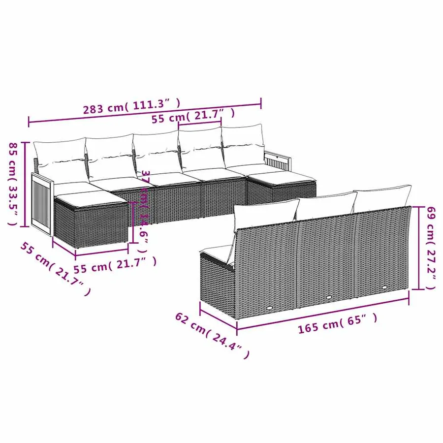 Salon de jardin 10 pcs avec coussins noir résine tressée - 8