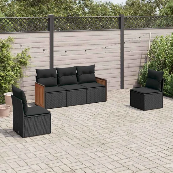 Salon de jardin 5 pcs avec coussins noir résine tressée