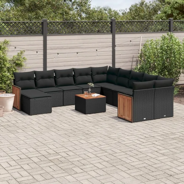 Salon de jardin 12 pcs avec coussins noir résine tressée
