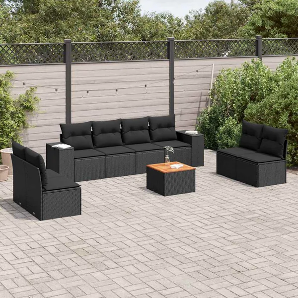 Salon de jardin 9 pcs avec coussins noir résine tressée
