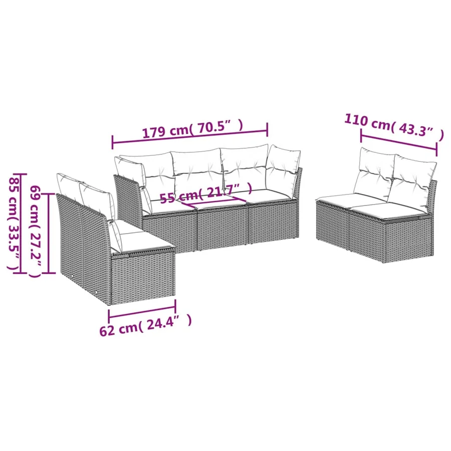 Salon de jardin 7 pcs avec coussins noir résine tressée 62 x 62 x 69 cm - 54,4 kg - 3